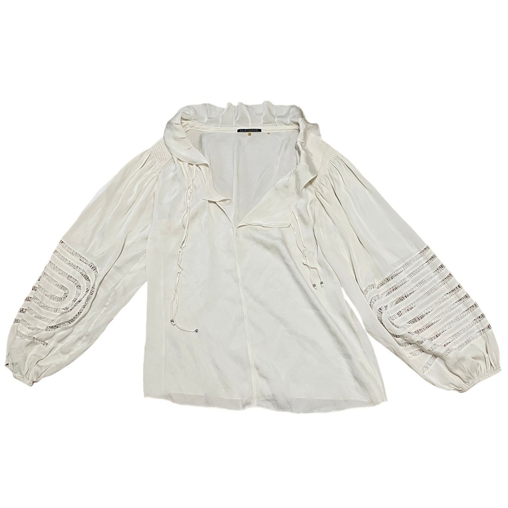 Elie Tahari Women's XS Ivory Silk Ruffle Tie Neck Blouse Victorian Bishop Sleeve